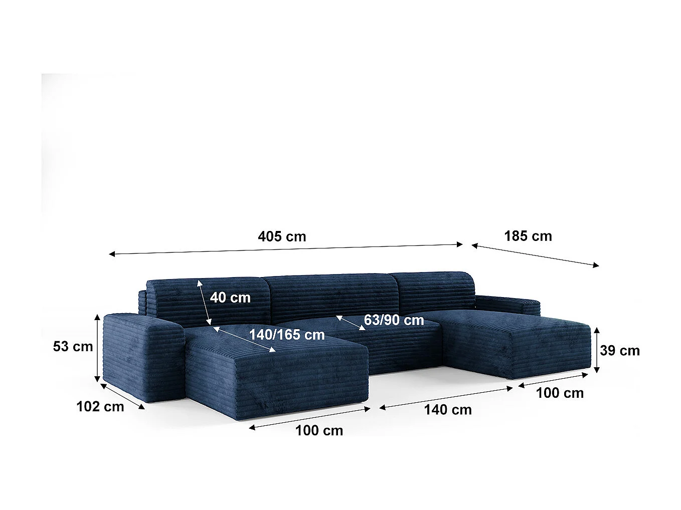 Canapé U 5 places convertible coffre Fabio Bleu foncé