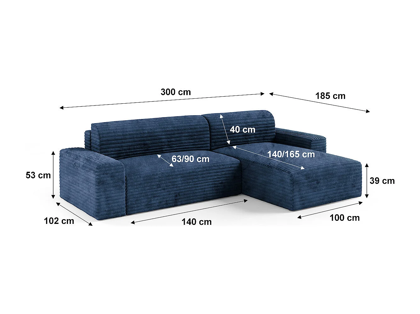 Canapé d'angle réversible et convertible 3 places avec coffre Fabio Bleu foncé