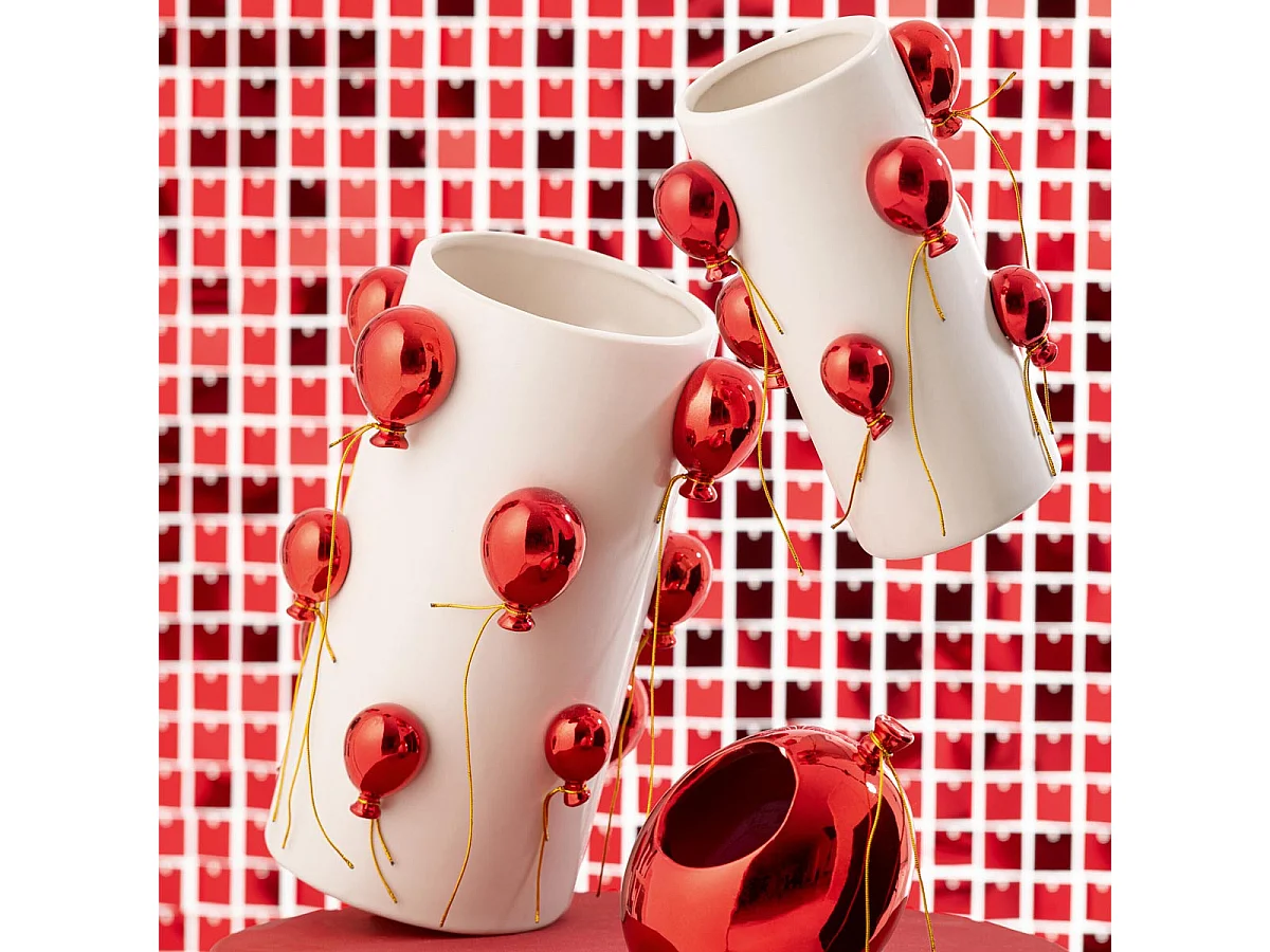 Vase Déco en Céramique "Ballon" 30cm Blanc & Rouge