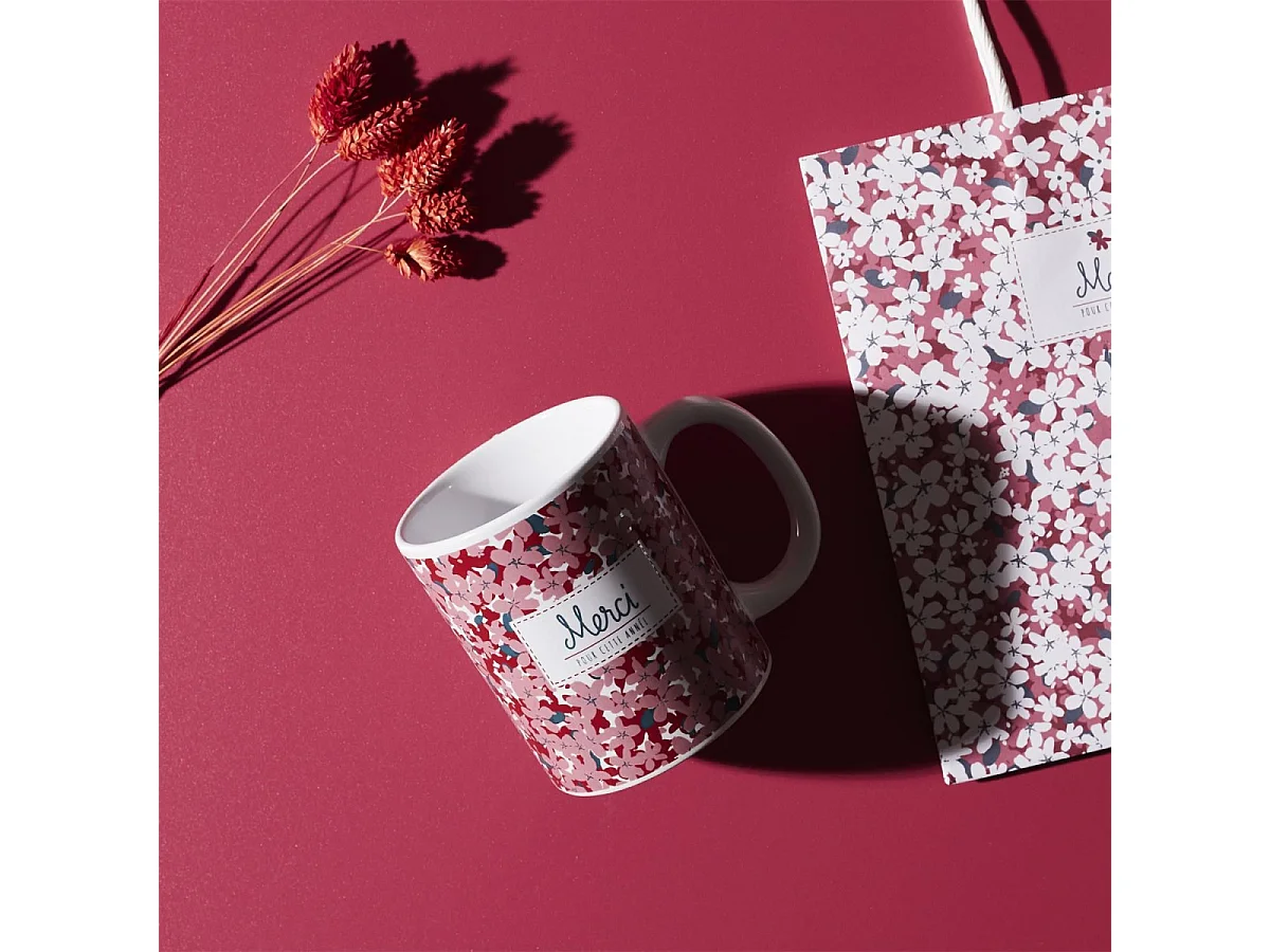 Mug Fleuri en Céramique "Merci" 30cl Rose