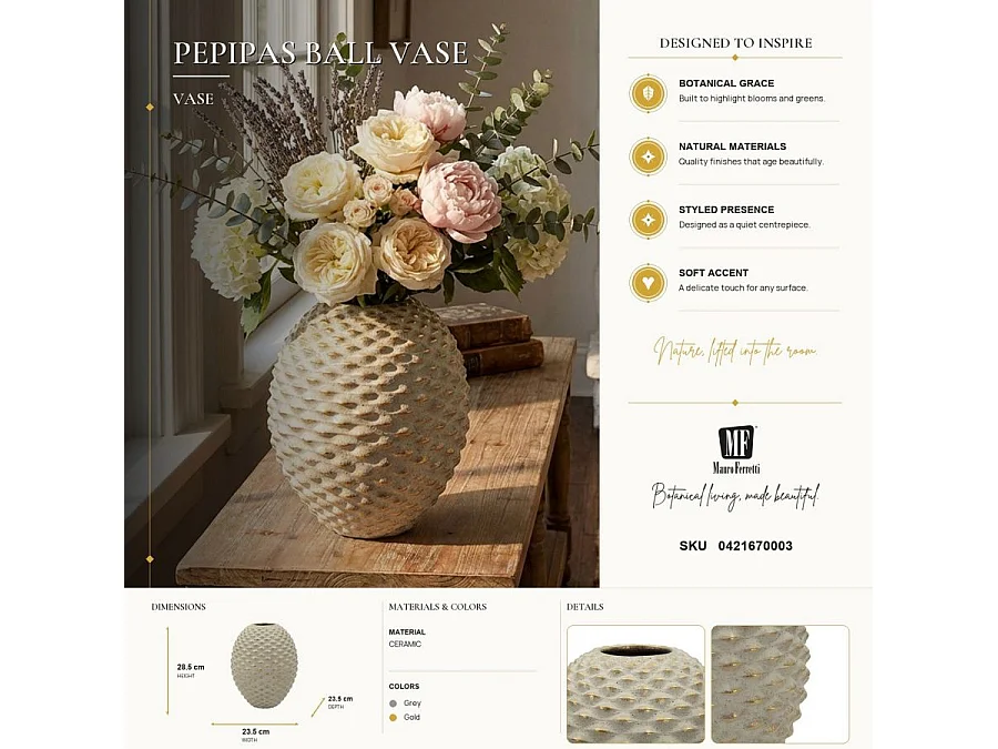 Vase Design en Céramique "Pepipas" 28cm Gris & Or