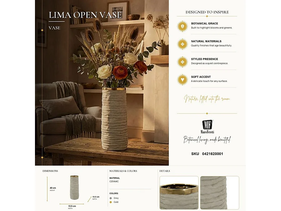 Vase Design en Céramique "Lima" 40cm Gris & Or