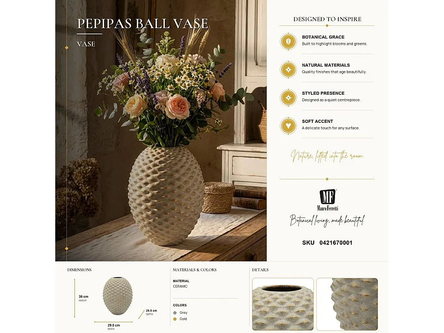 Vase Design en Céramique "Pepipas" 36cm Gris & Or