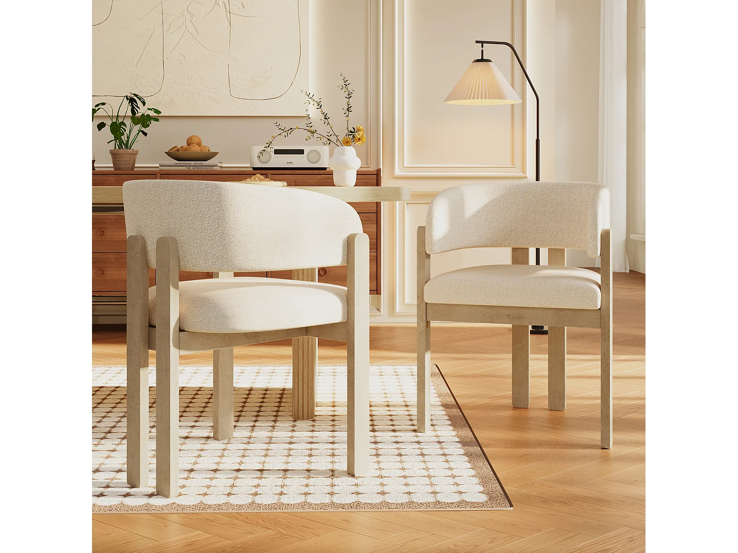 Set of 2 solid wood chairs with armrests - Solid wood frame - Bouclé fabric - Natural
