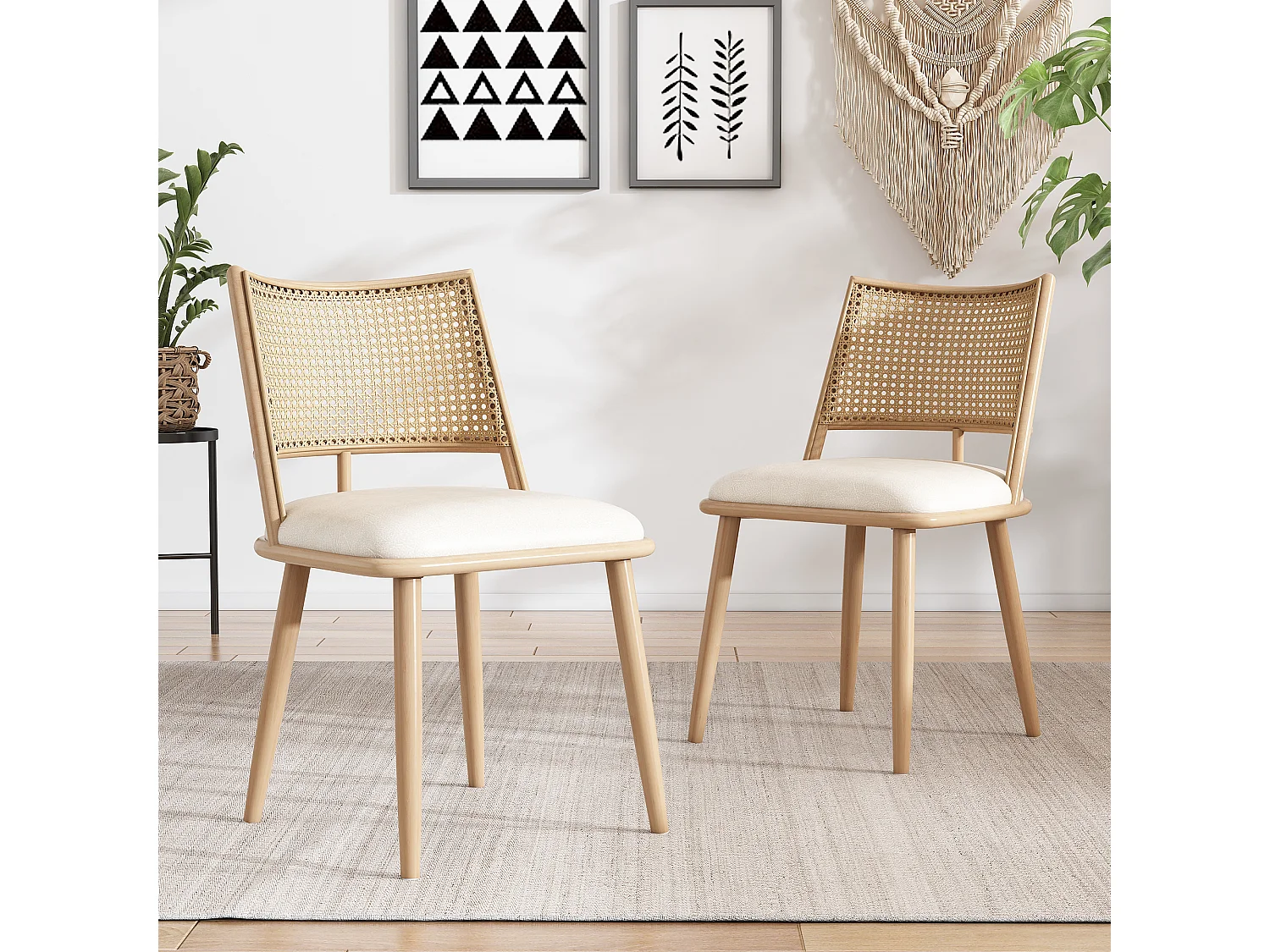 Set of 2 Dining Chairs with Faux Leather Cushions and PE Rattan Backrests - Natural