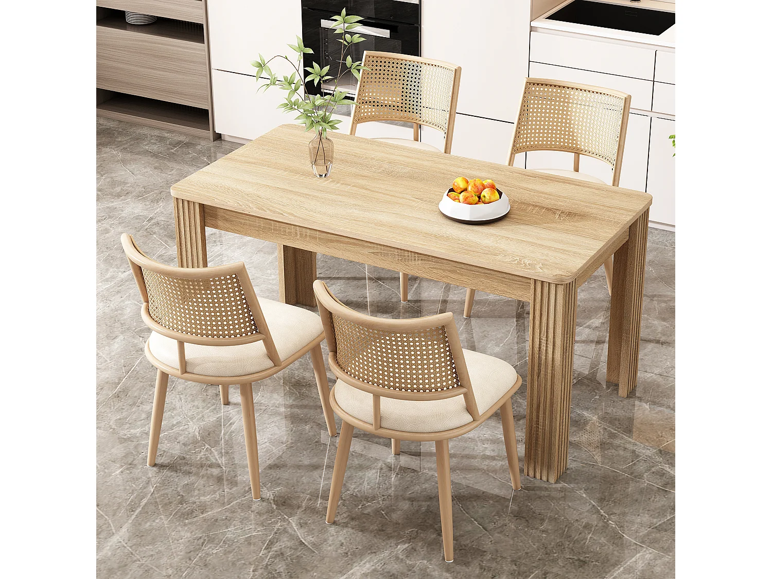 Set of 2 Dining Chairs with Faux Leather Cushions and PE Rattan Backrests - Natural