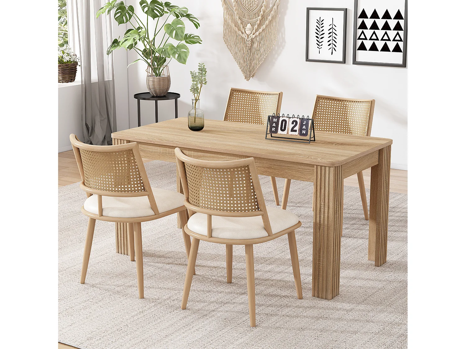 Set of 2 Dining Chairs with Faux Leather Cushions and PE Rattan Backrests - Natural