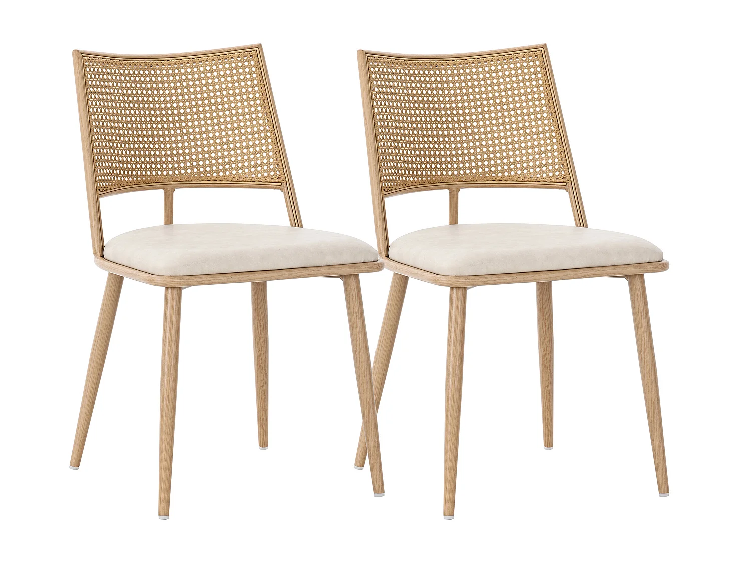 Set of 2 Dining Chairs with Faux Leather Cushions and PE Rattan Backrests - Natural