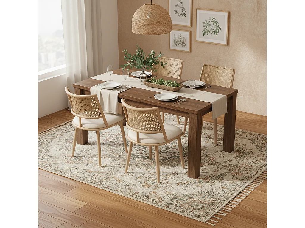 Set of 2 Dining Chairs with Faux Leather Cushions and PE Rattan Backrests - Natural
