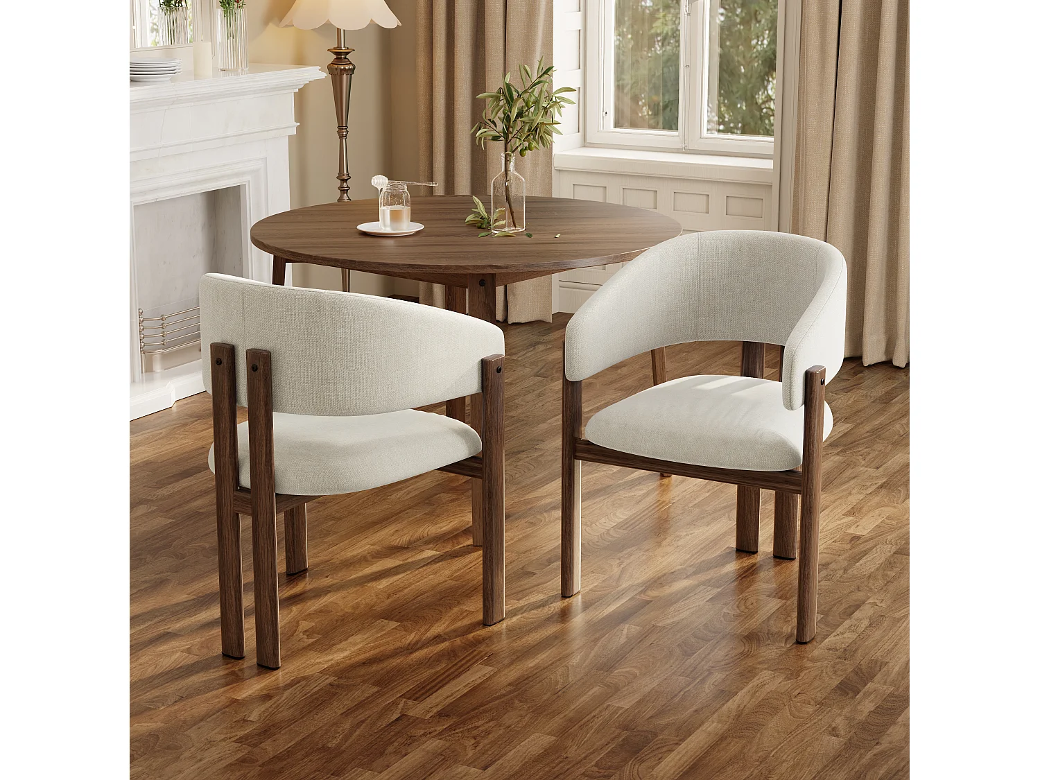 Set of 2 metal chairs with wood-effect finish - With armrests - Metal frame - Beige linen fabric - Brown