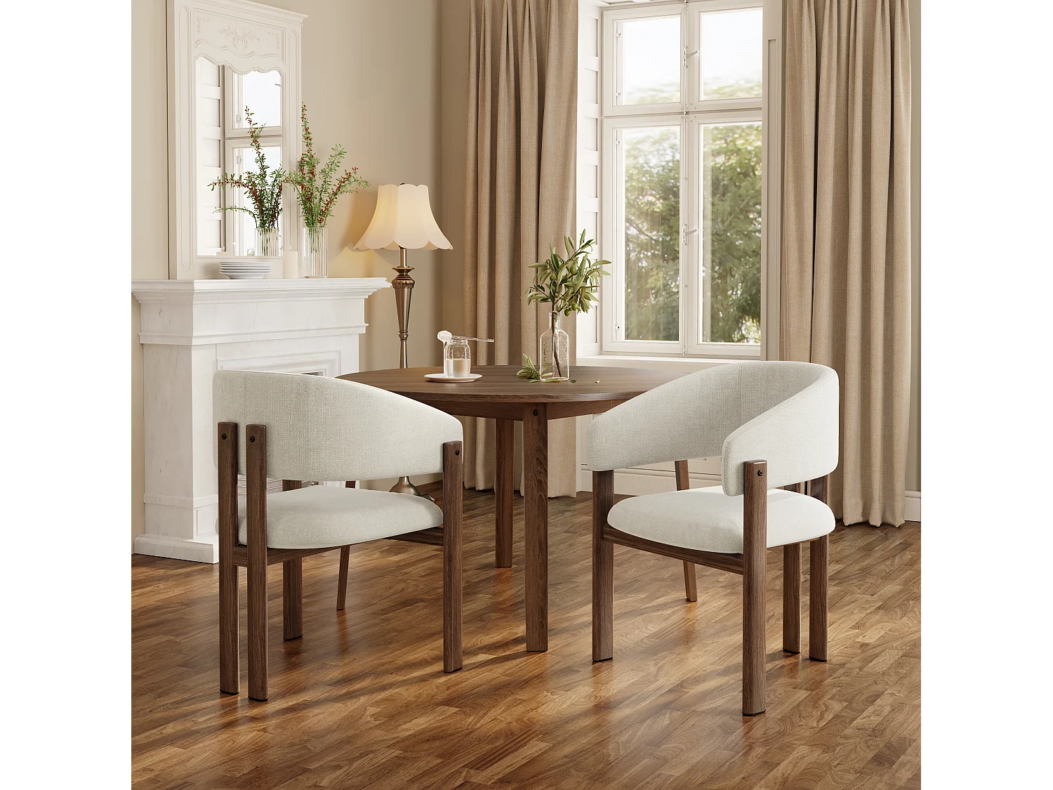 Set of 2 metal chairs with wood-effect finish - With armrests - Metal frame - Beige linen fabric - Brown