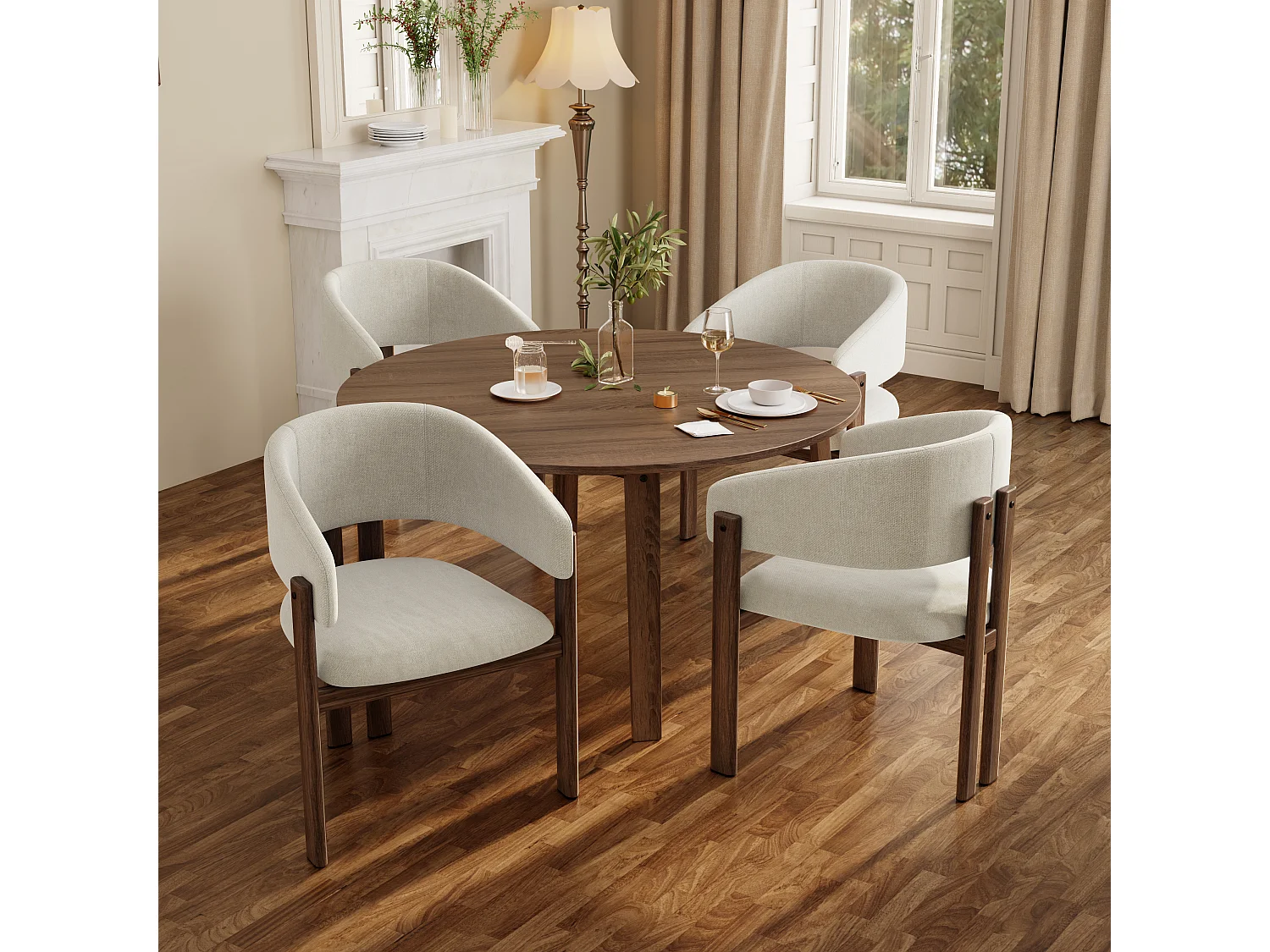 Set of 2 metal chairs with wood-effect finish - With armrests - Metal frame - Beige linen fabric - Brown