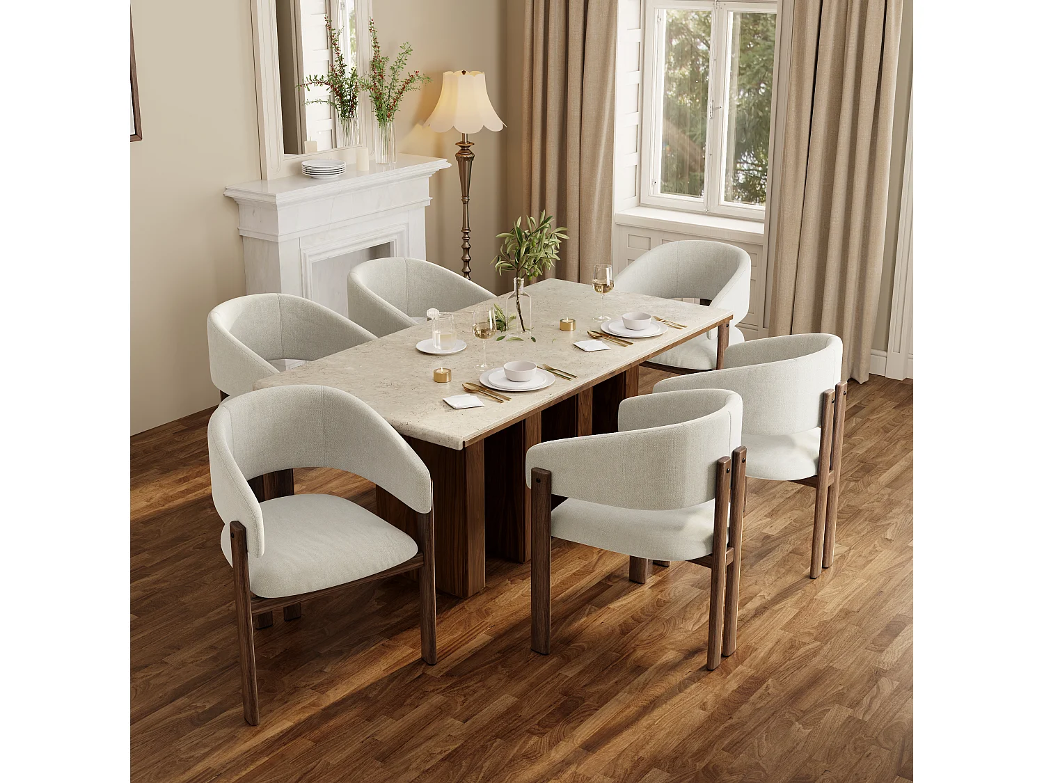 Set of 2 metal chairs with wood-effect finish - With armrests - Metal frame - Beige linen fabric - Brown