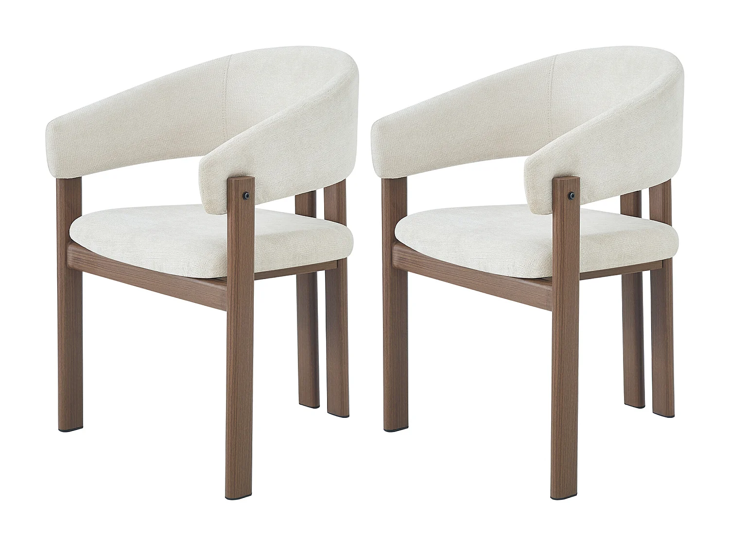 Set of 2 metal chairs with wood-effect finish - With armrests - Metal frame - Beige linen fabric - Brown