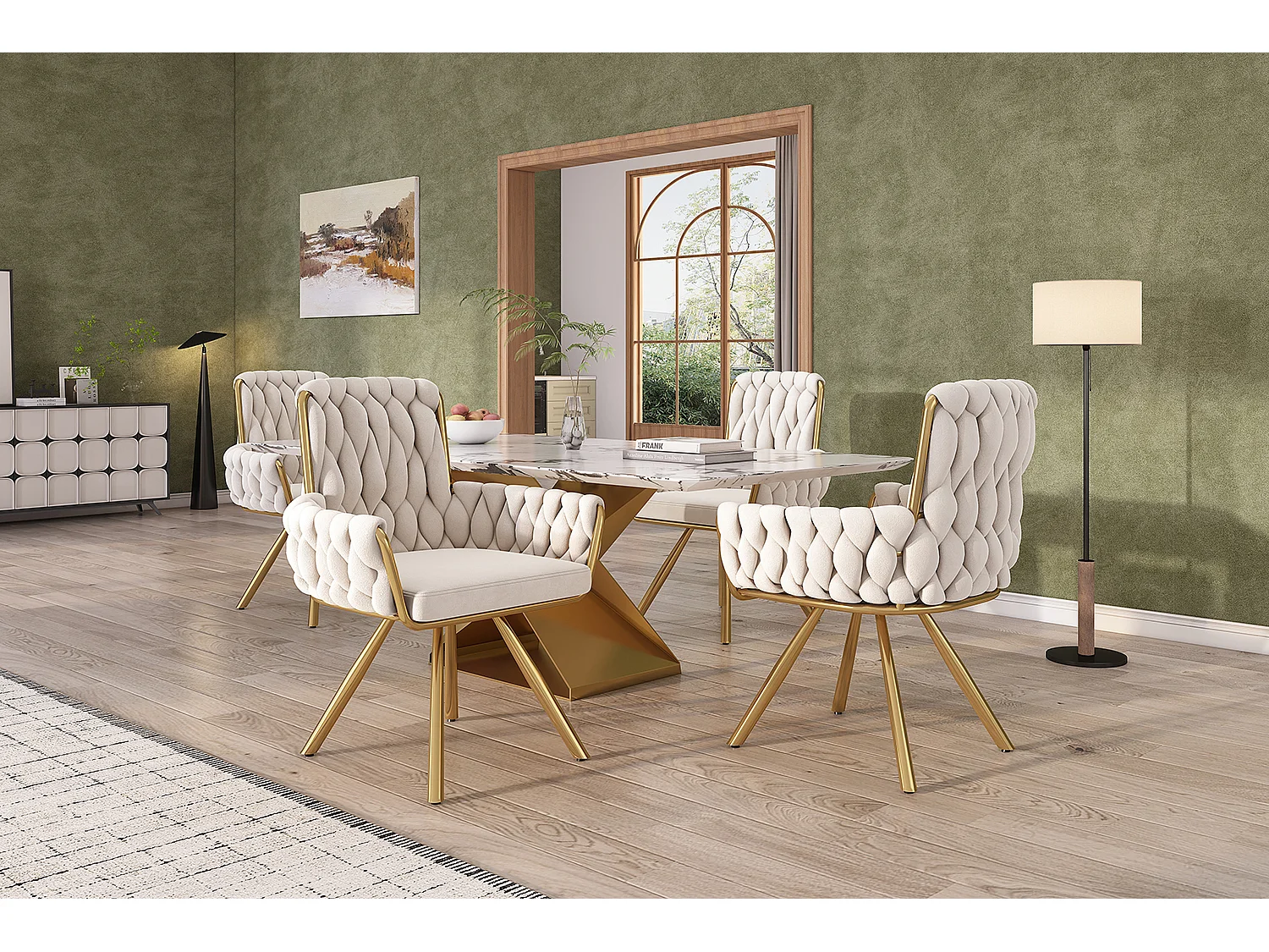 Set of 2 Velvet Swivel Chairs with Armrests - Gold Metal Legs - Beige