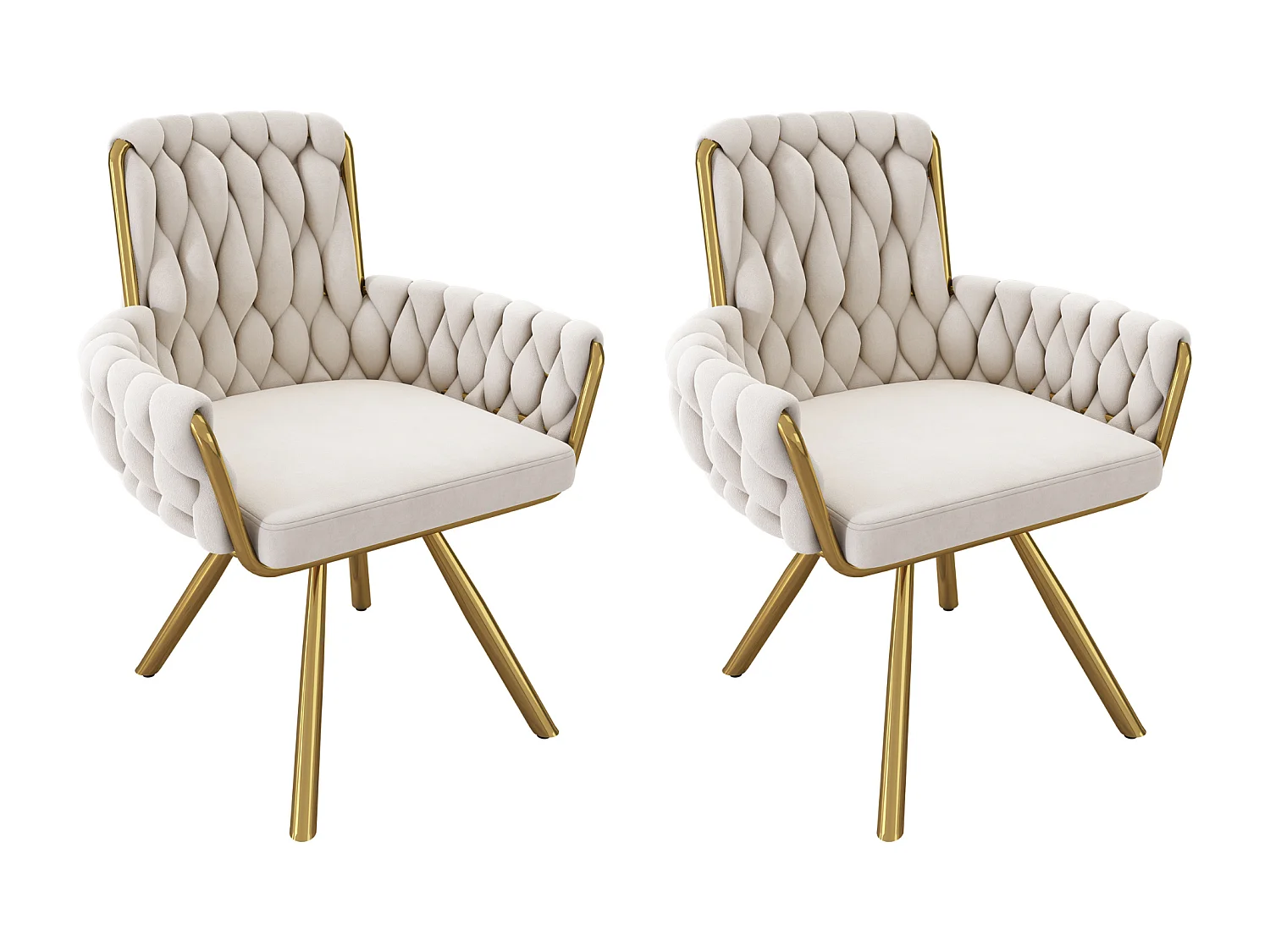 Set of 2 Velvet Swivel Chairs with Armrests - Gold Metal Legs - Beige