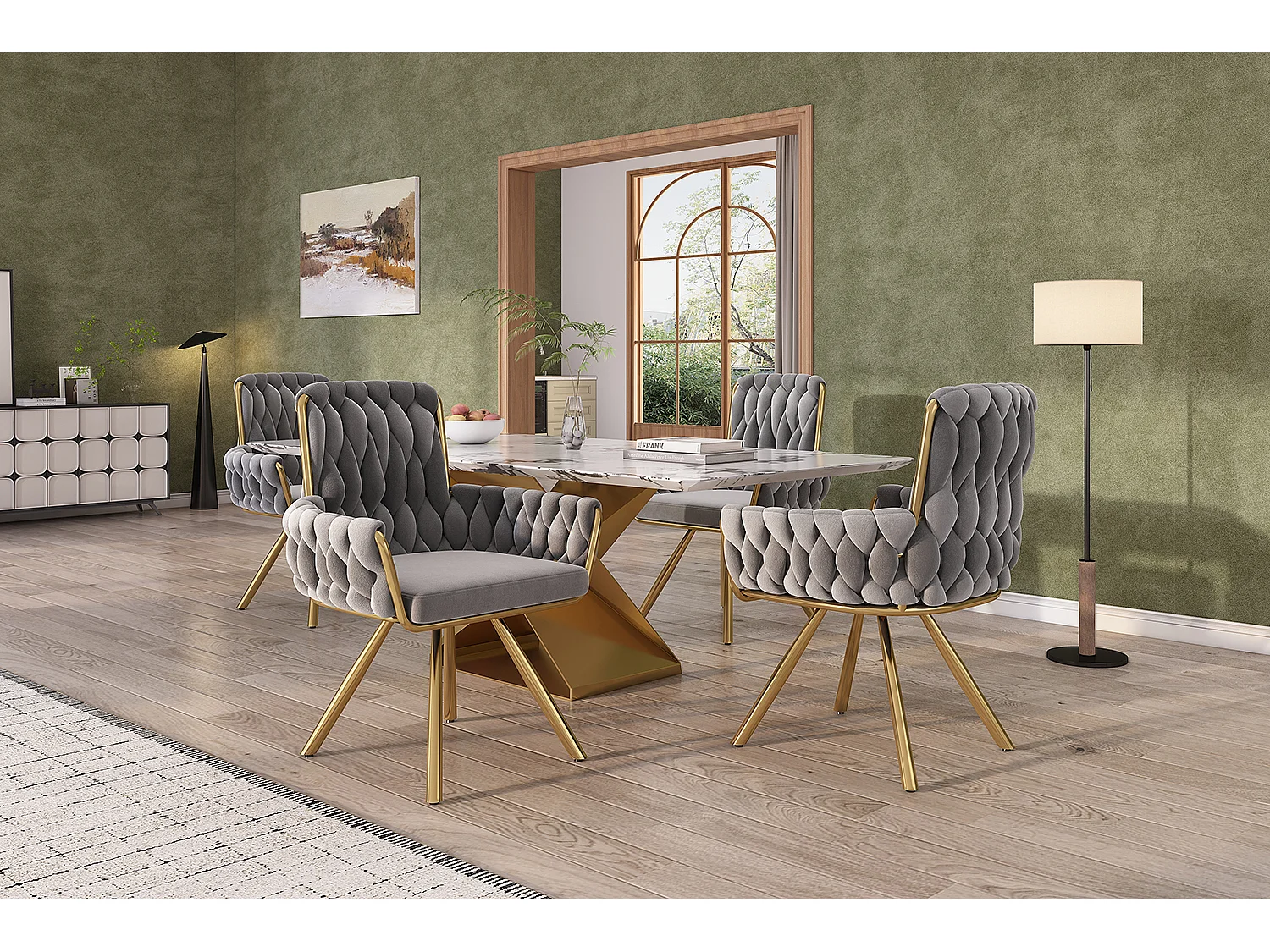 Set of 2 Velvet Swivel Chairs with Armrests - Gold Metal Legs - Gray