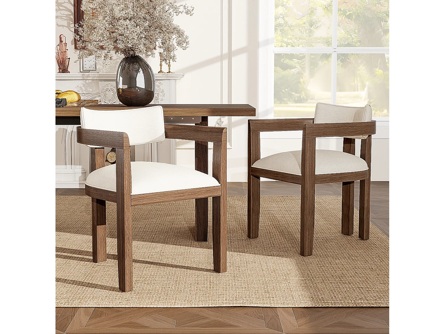 Set of 2 solid wood chairs with armrests - solid wood frame - linen upholstery - brown