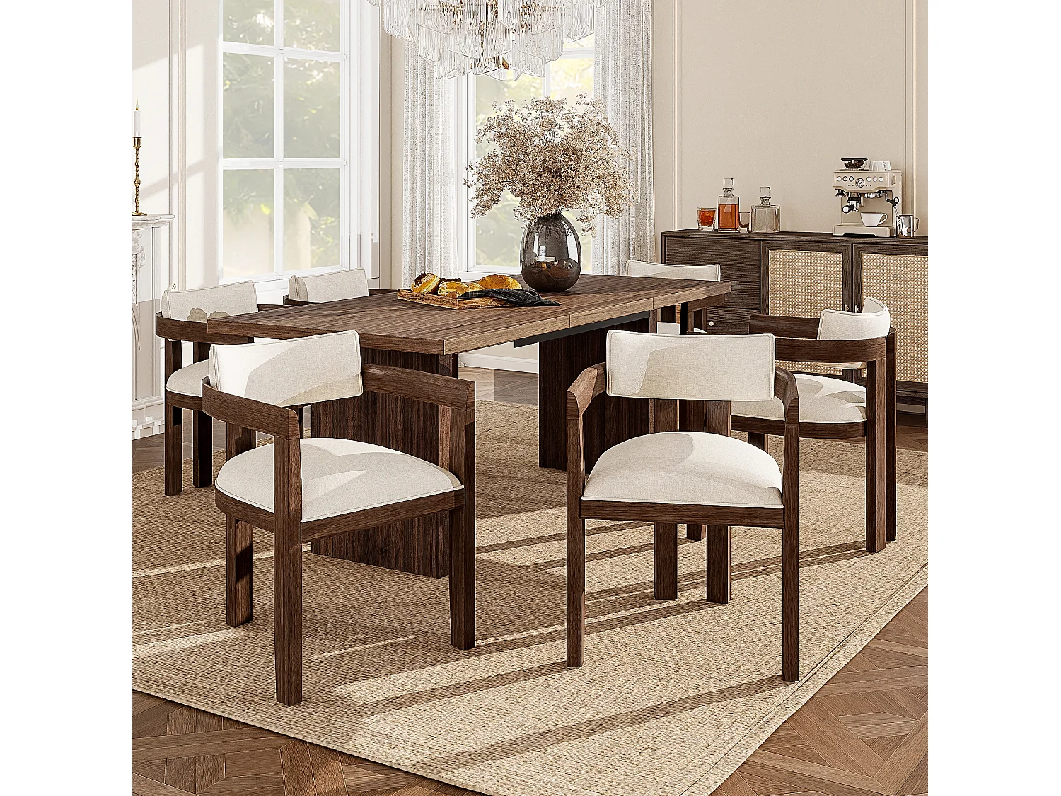 Set of 2 solid wood chairs with armrests - solid wood frame - linen upholstery - brown