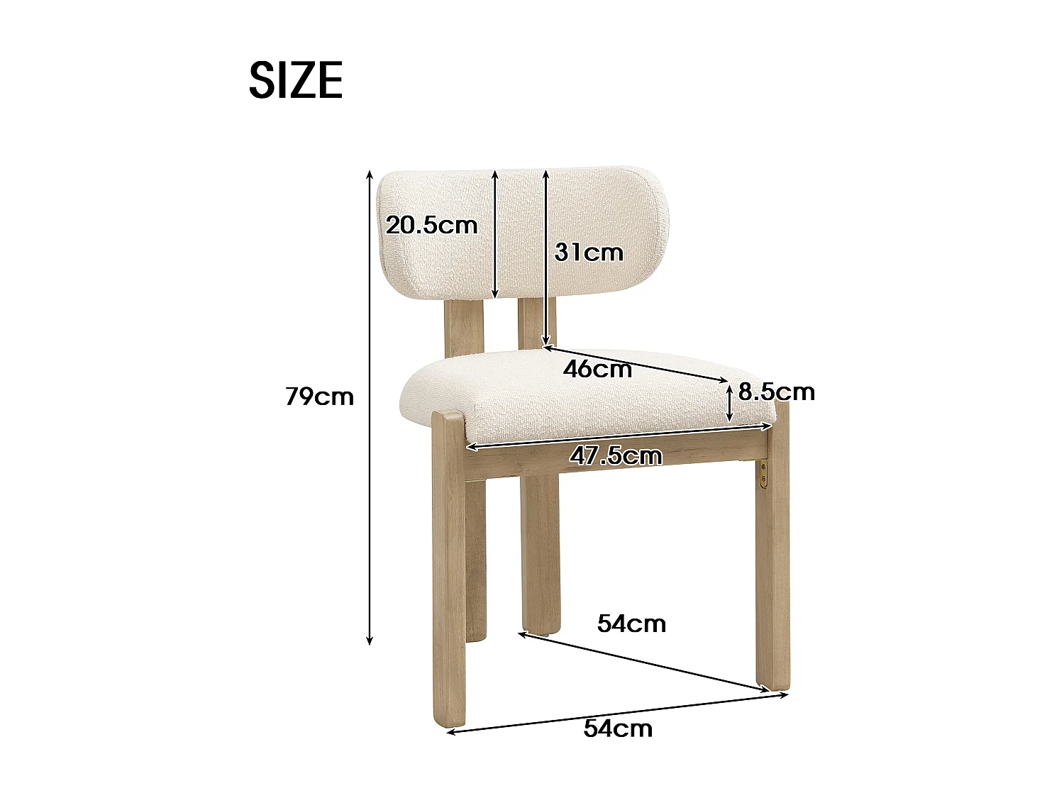 Set of 2 solid wood chairs - Modern style - Comfortable backrest - Solid wood frame - Bouclé fabric - Natural