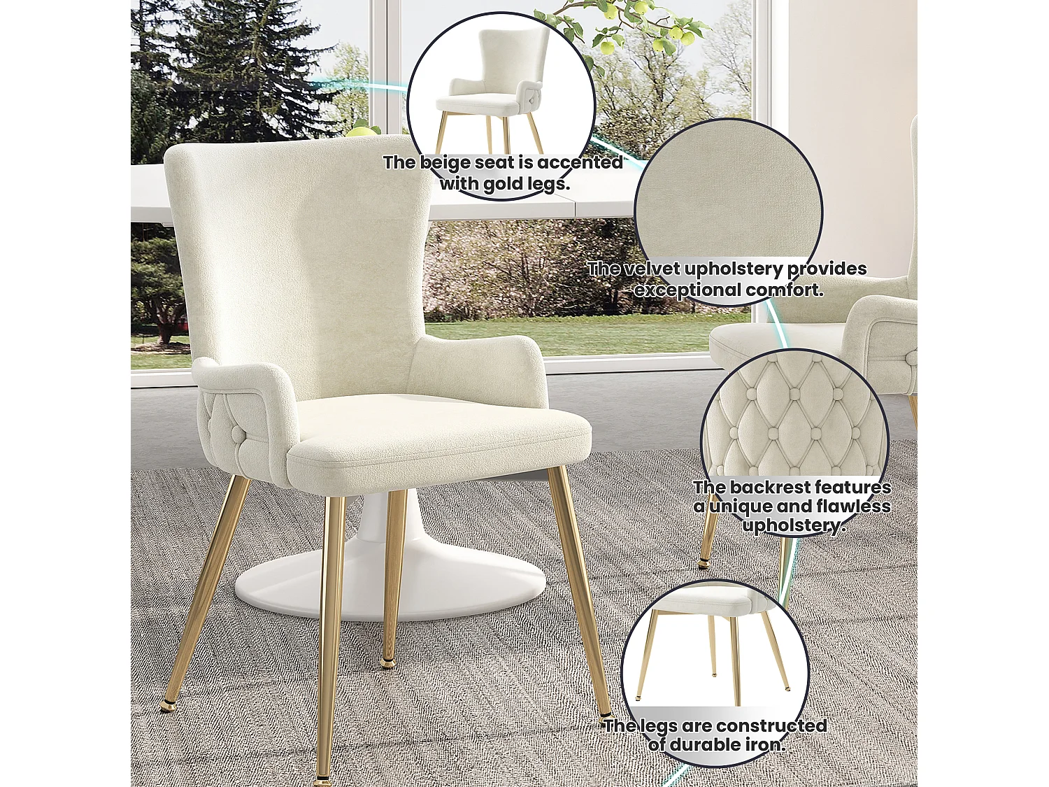 Set of 2 Velvet Chairs - Gold Metal Legs - Beige