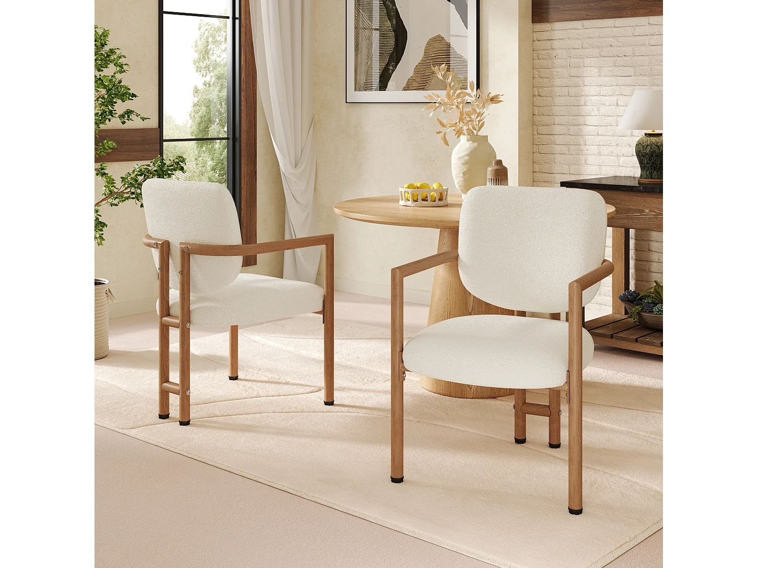 Set of 2 metal chairs with wood-effect finish - With armrests - Metal frame - Beige boucle fabric - Natural color