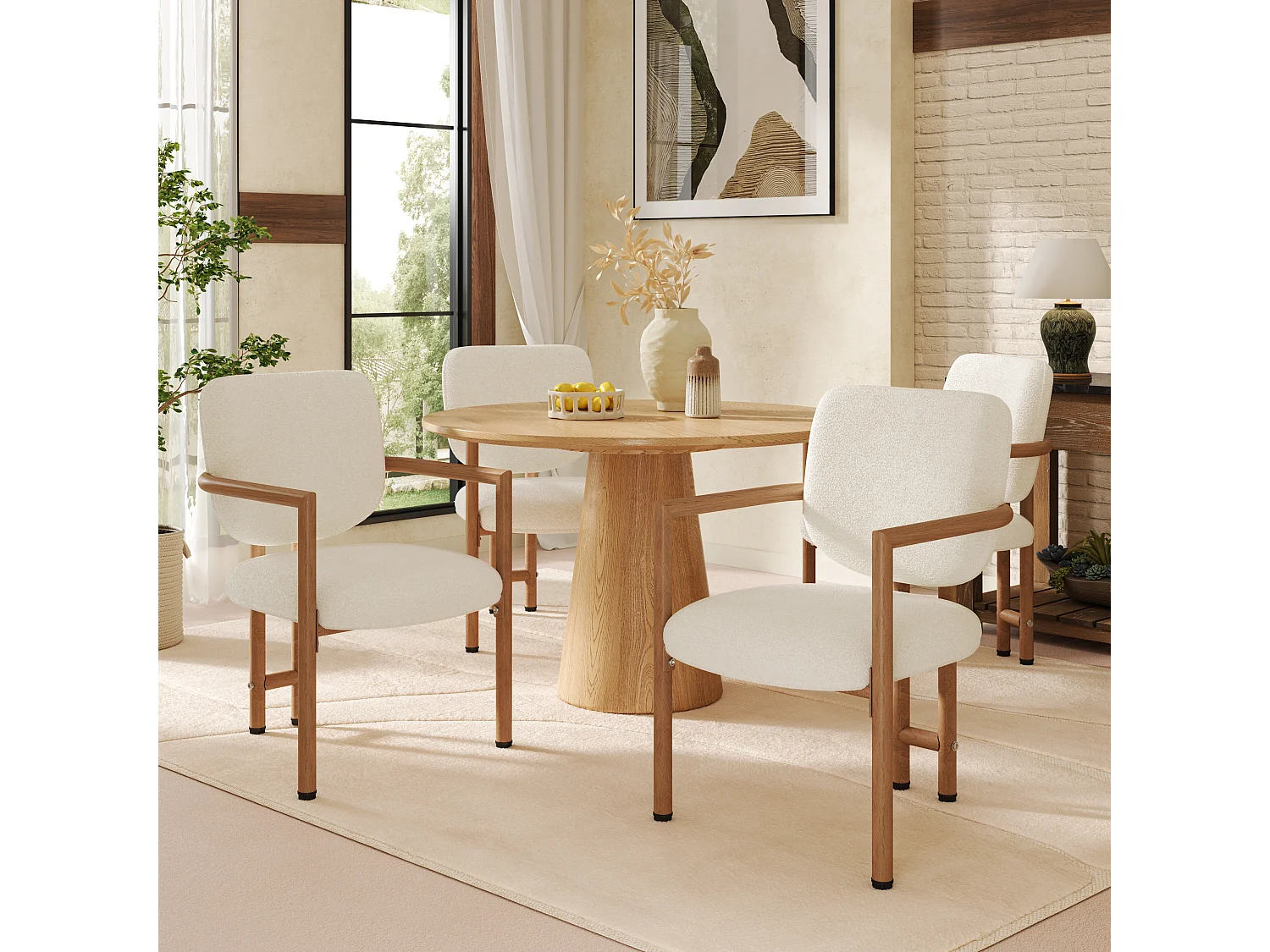 Set of 2 metal chairs with wood-effect finish - With armrests - Metal frame - Beige boucle fabric - Natural color