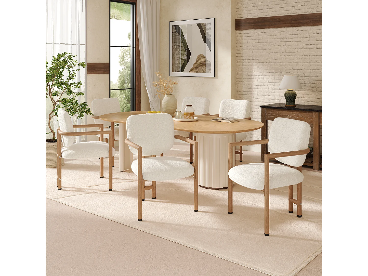 Set of 2 metal chairs with wood-effect finish - With armrests - Metal frame - Beige boucle fabric - Natural color