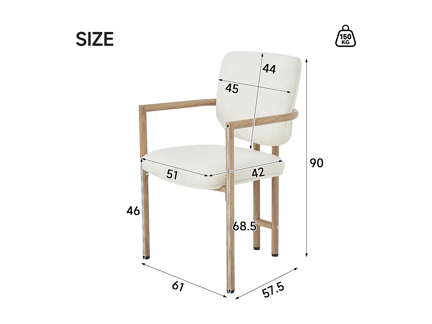 Set of 2 metal chairs with wood-effect finish - With armrests - Metal frame - Beige boucle fabric - Natural color