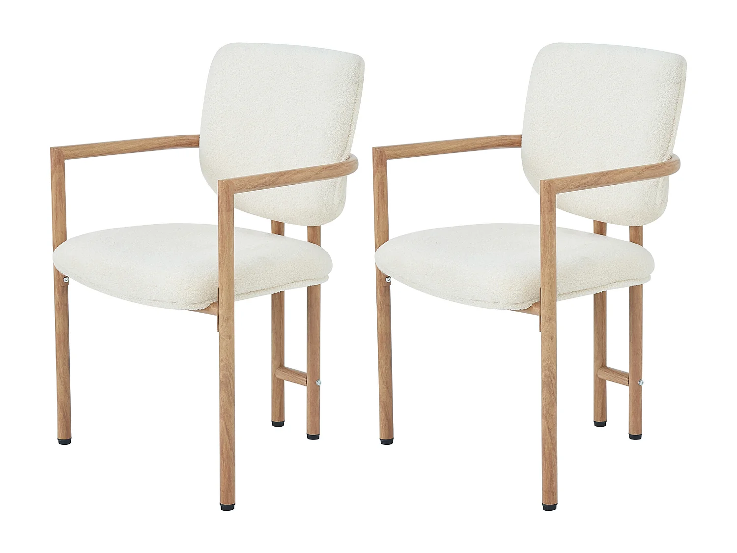 Set of 2 metal chairs with wood-effect finish - With armrests - Metal frame - Beige boucle fabric - Natural color