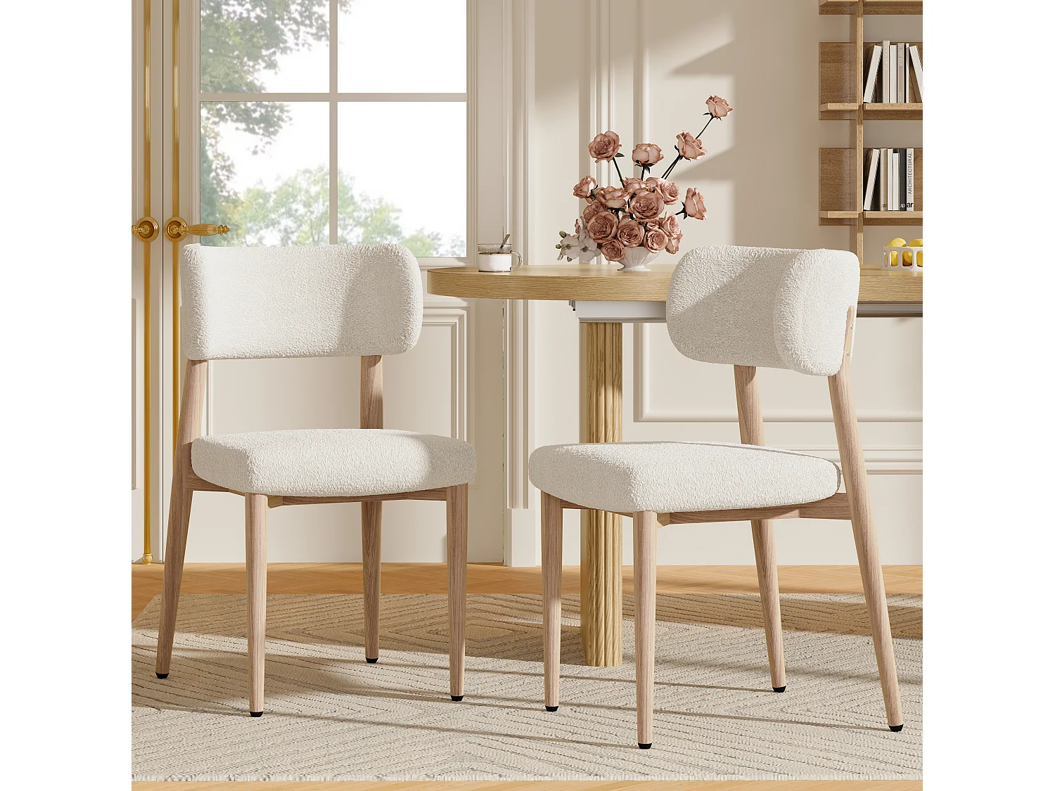 Set of 2 metal chairs - Wood look - Beige bouclé fabric - Soft seat cushion - Natural
