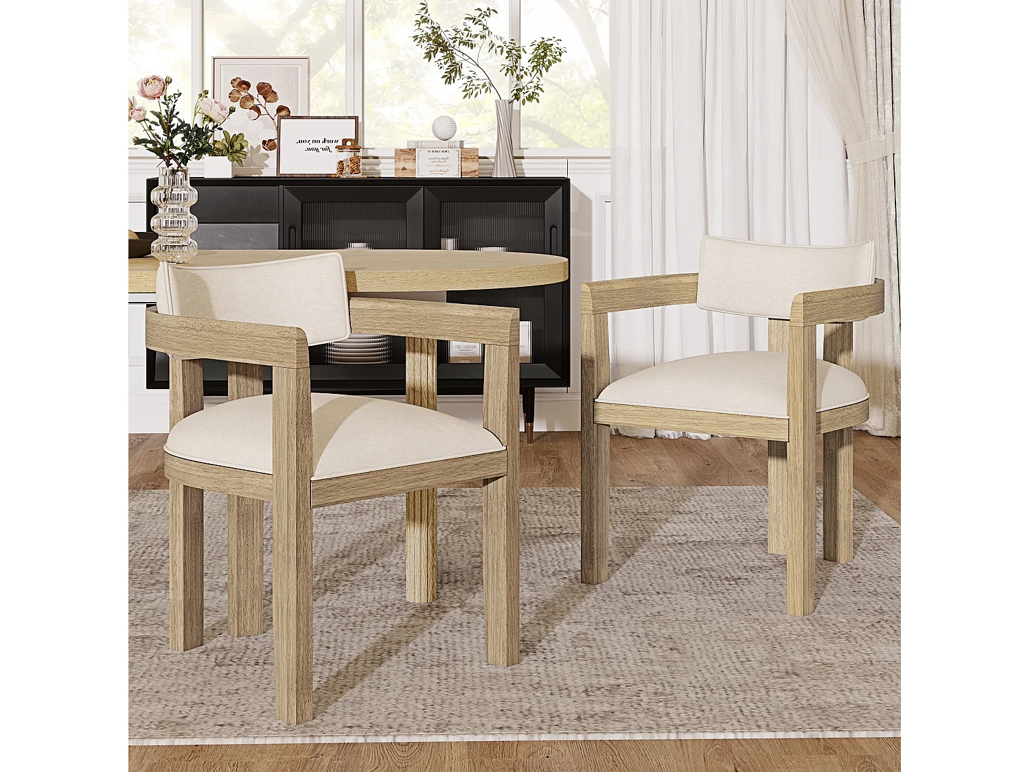 Set of 2 solid wood chairs with armrests - Solid wood frame - Linen upholstery - Natural