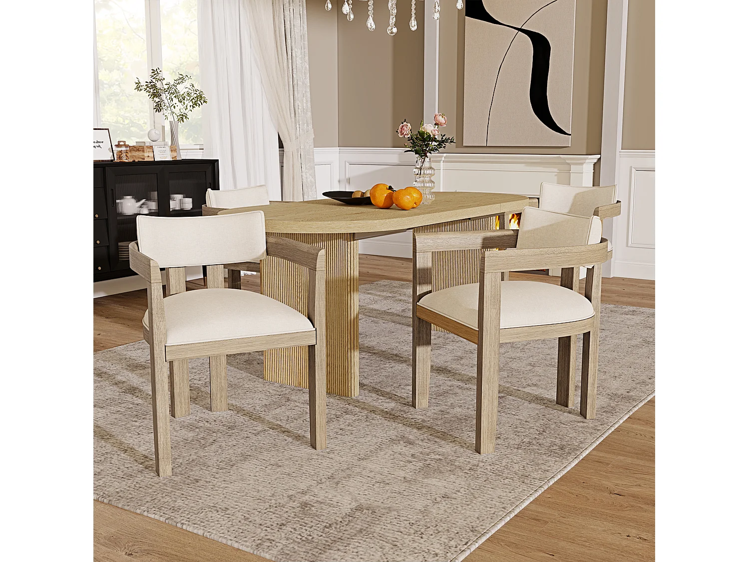 Set of 2 solid wood chairs with armrests - Solid wood frame - Linen upholstery - Natural