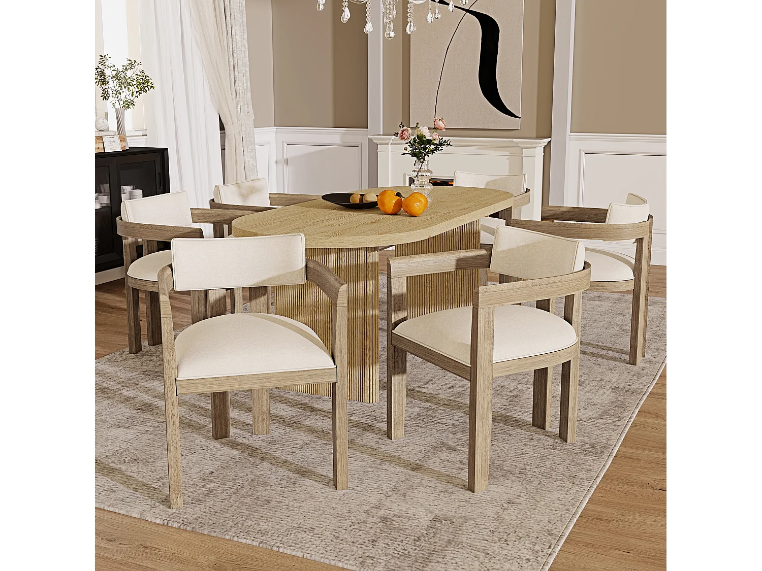 Set of 2 solid wood chairs with armrests - Solid wood frame - Linen upholstery - Natural