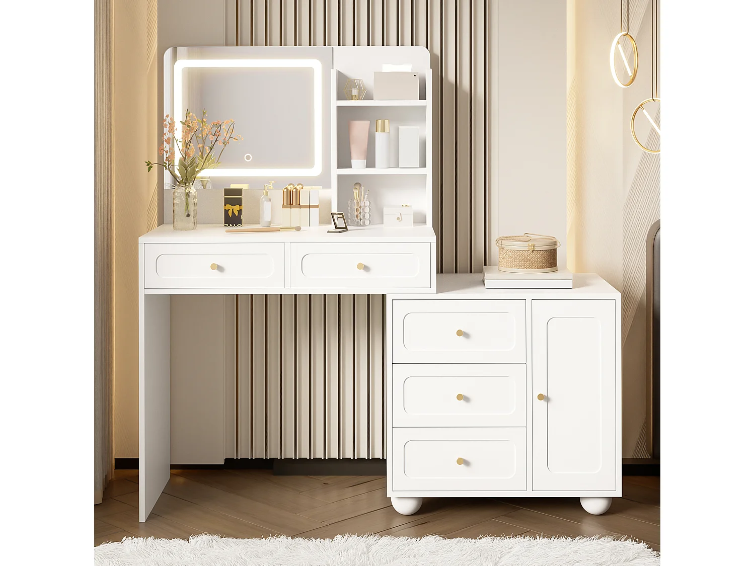 Kosmetiktisch mit Spiegel 80x39.8x127 cm - mit verstellbarem LED - mit 5 Schubladen und 1 Tür - offene Regale - Weiß