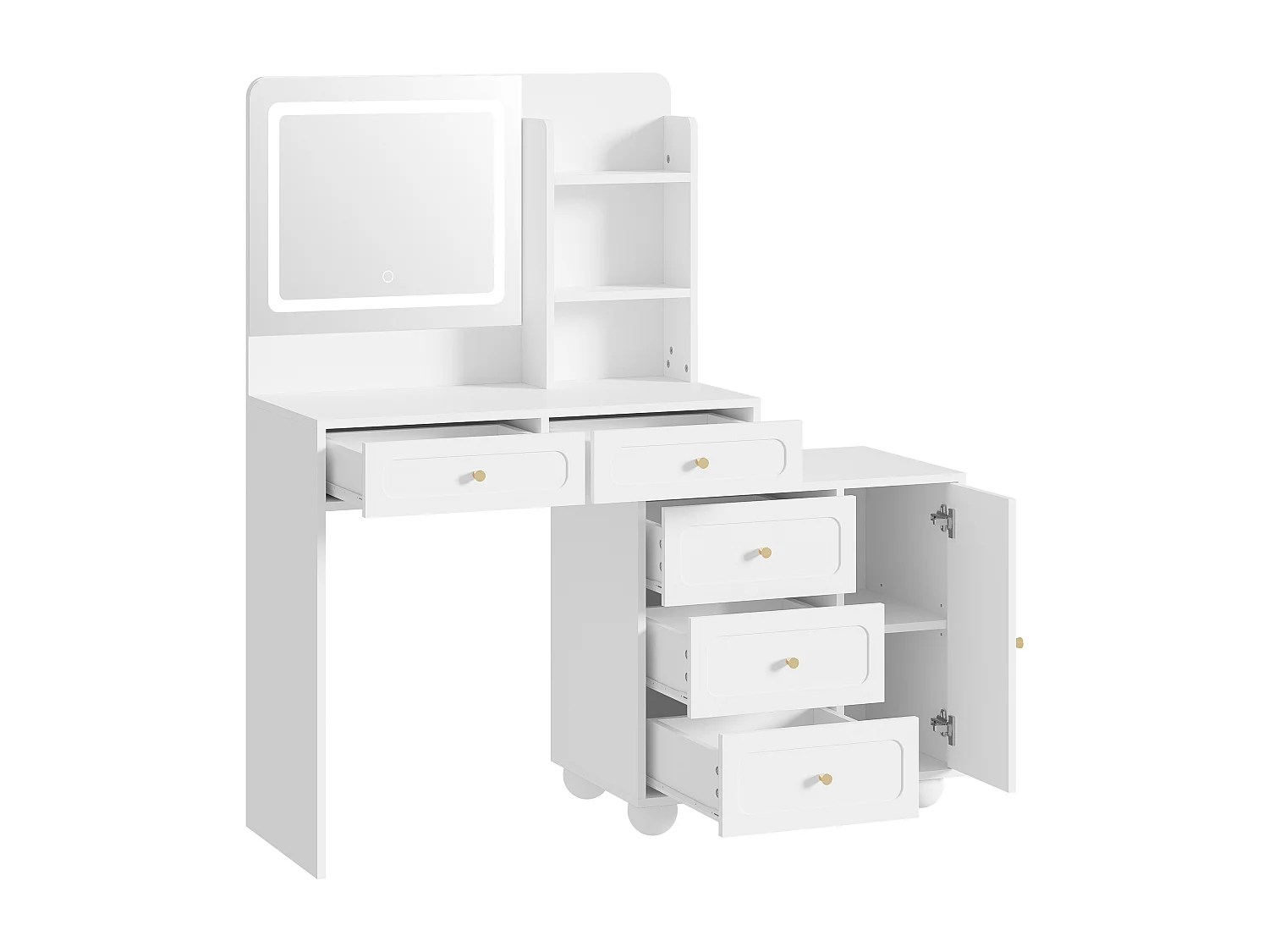 Kosmetiktisch mit Spiegel 80x39.8x127 cm - mit verstellbarem LED - mit 5 Schubladen und 1 Tür - offene Regale - Weiß