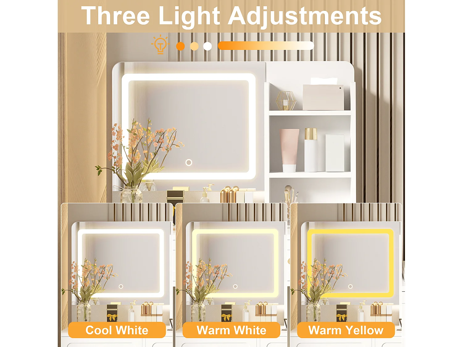 Kosmetiktisch mit Spiegel 80x39.8x127 cm - mit verstellbarem LED - mit 5 Schubladen und 1 Tür - offene Regale - Weiß