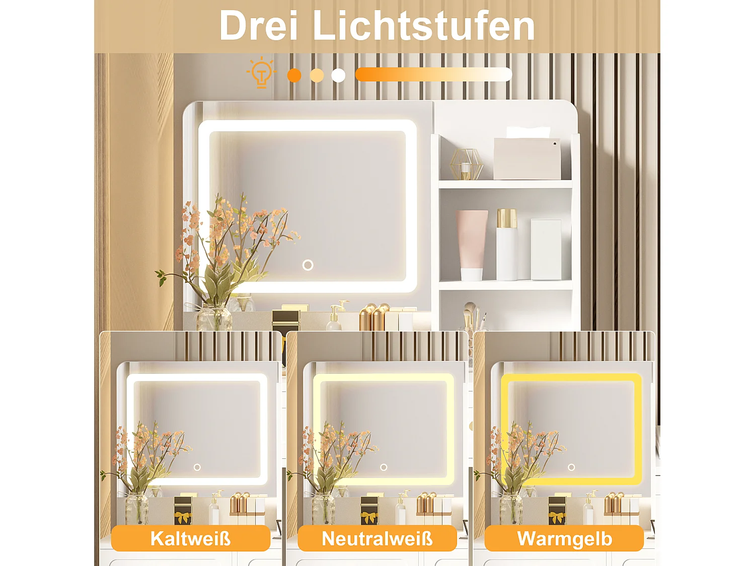 Kosmetiktisch mit Spiegel 80x39.8x127 cm - mit verstellbarem LED - mit 5 Schubladen und 1 Tür - offene Regale - Weiß