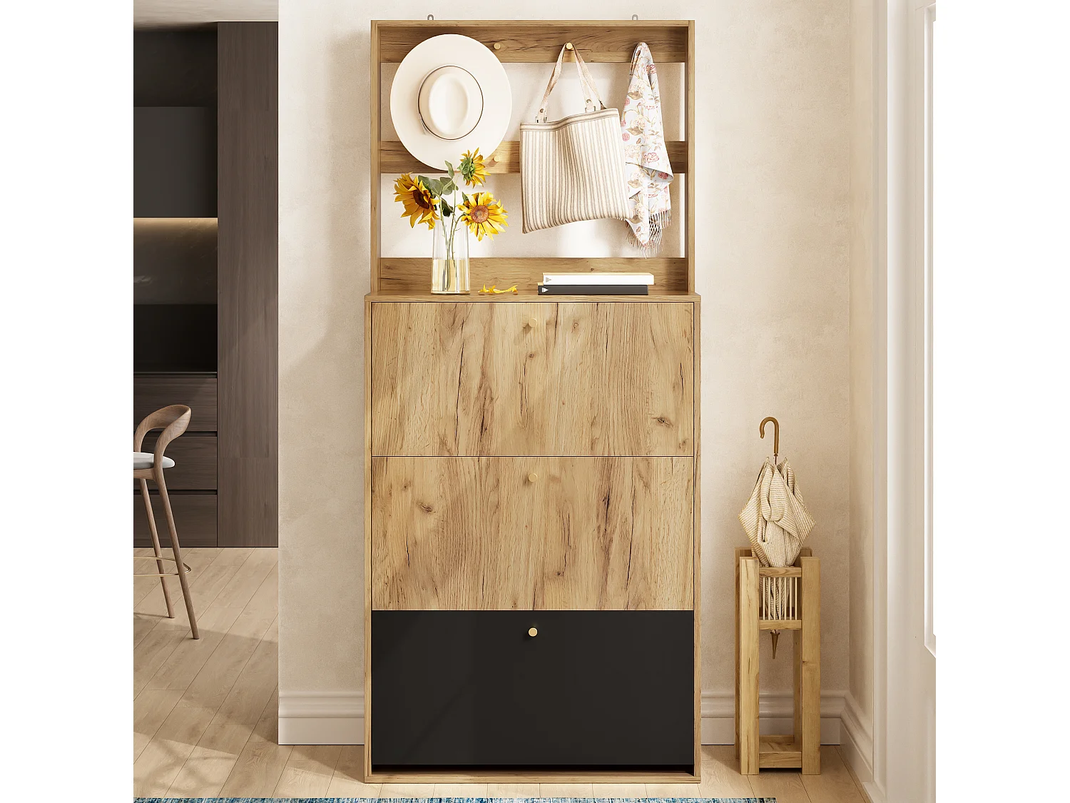 Moderner Schuhschrank 75x180x24 cm - mit Haken - 3 Klapptüren - Natur + Schwarz