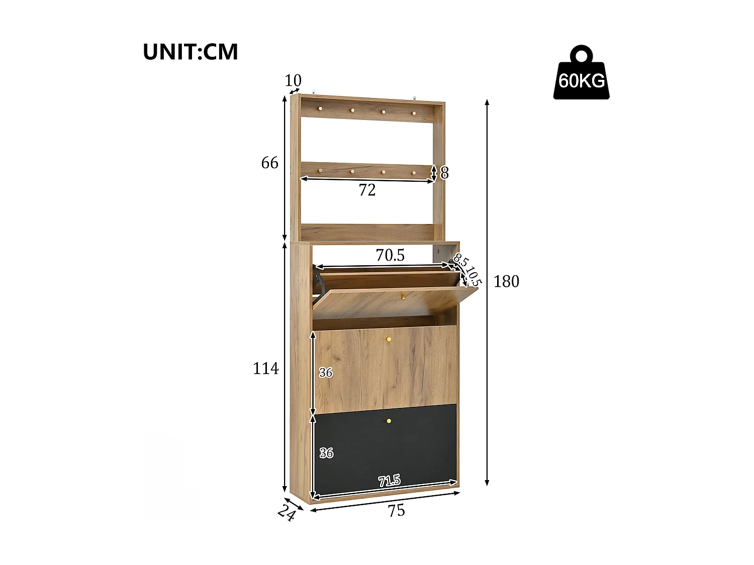 Moderner Schuhschrank 75x180x24 cm - mit Haken - 3 Klapptüren - Natur + Schwarz