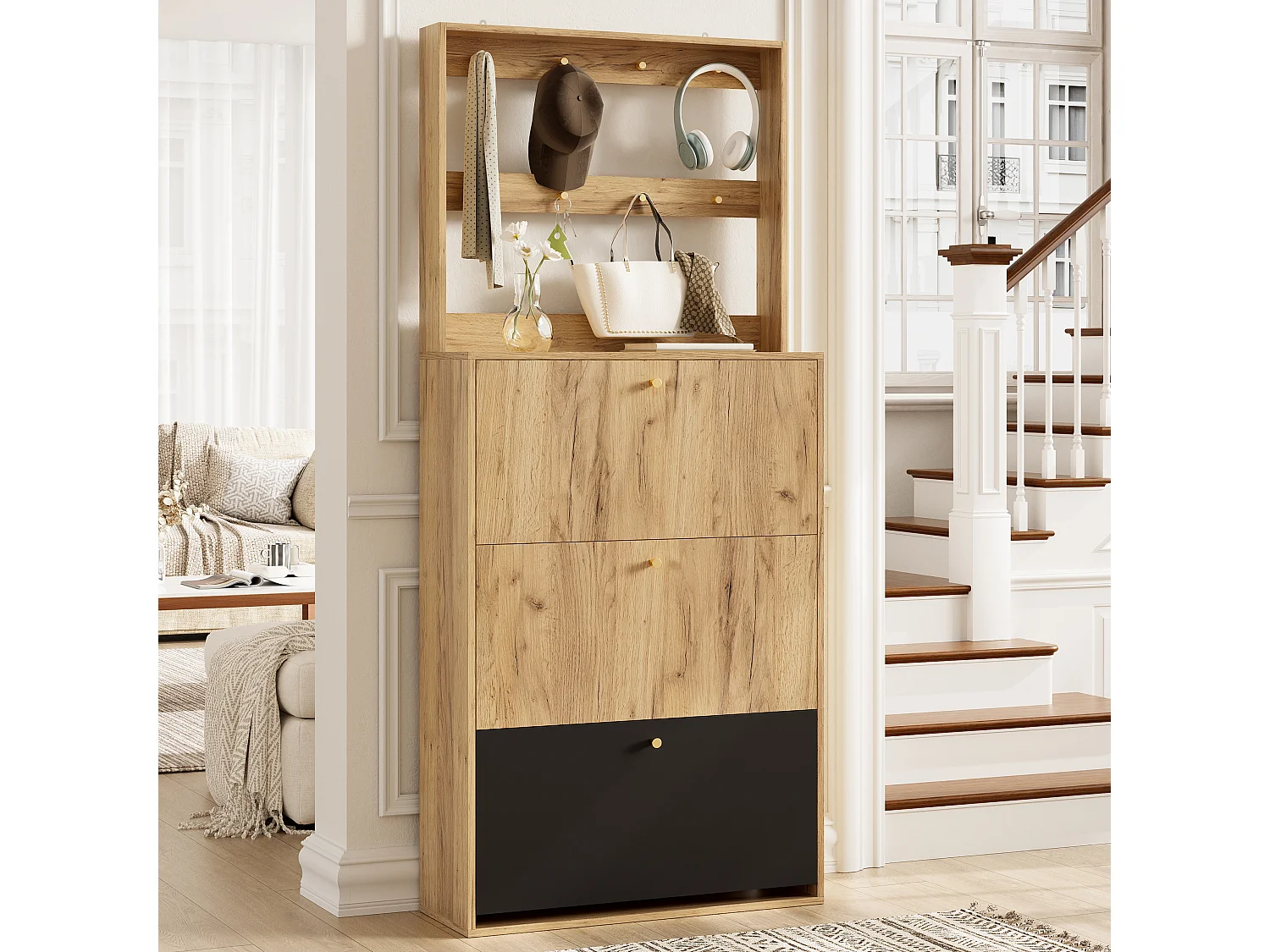 Moderner Schuhschrank 75x180x24 cm - mit Haken - 3 Klapptüren - Natur + Schwarz