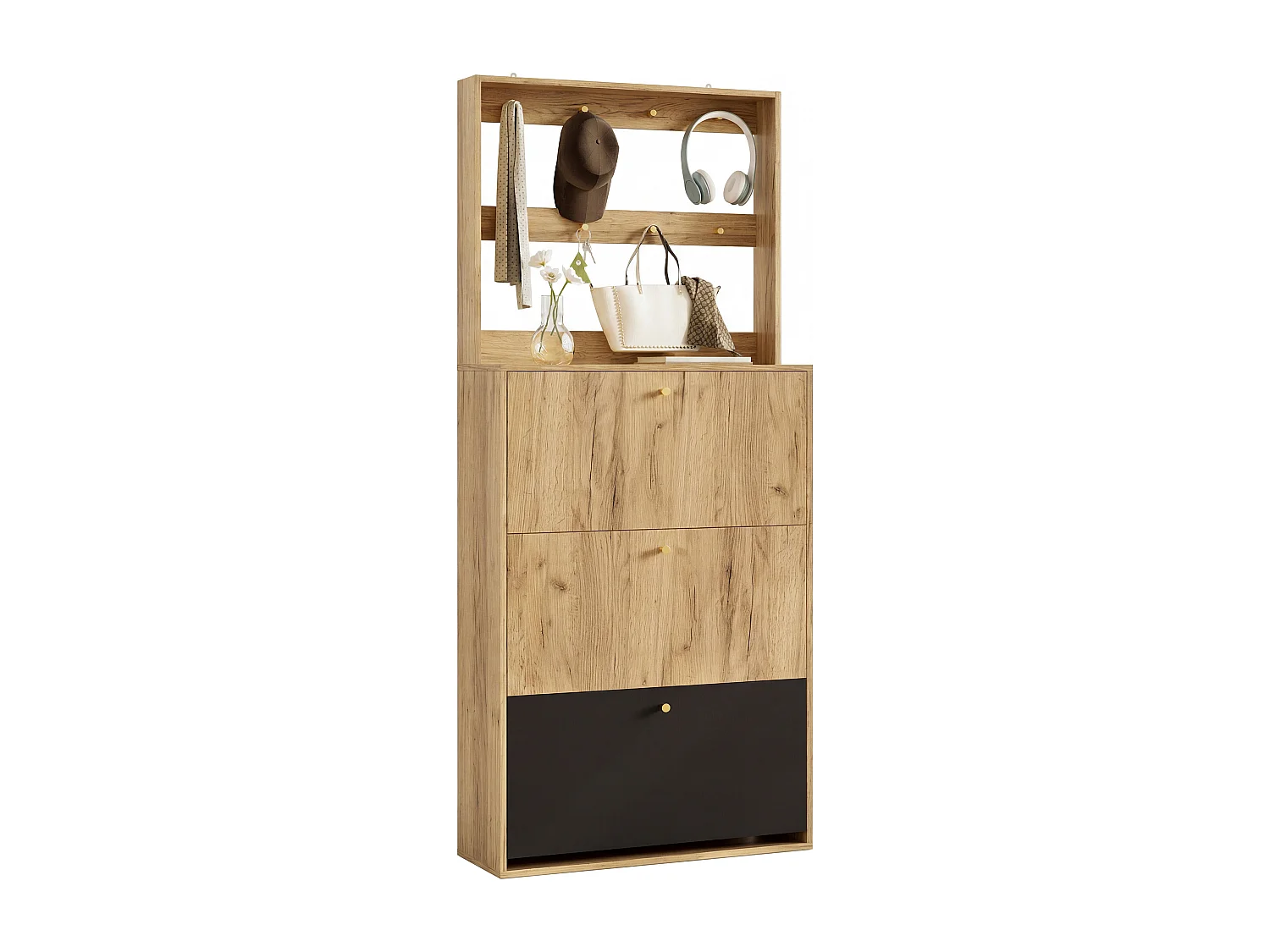 Moderner Schuhschrank 75x180x24 cm - mit Haken - 3 Klapptüren - Natur + Schwarz