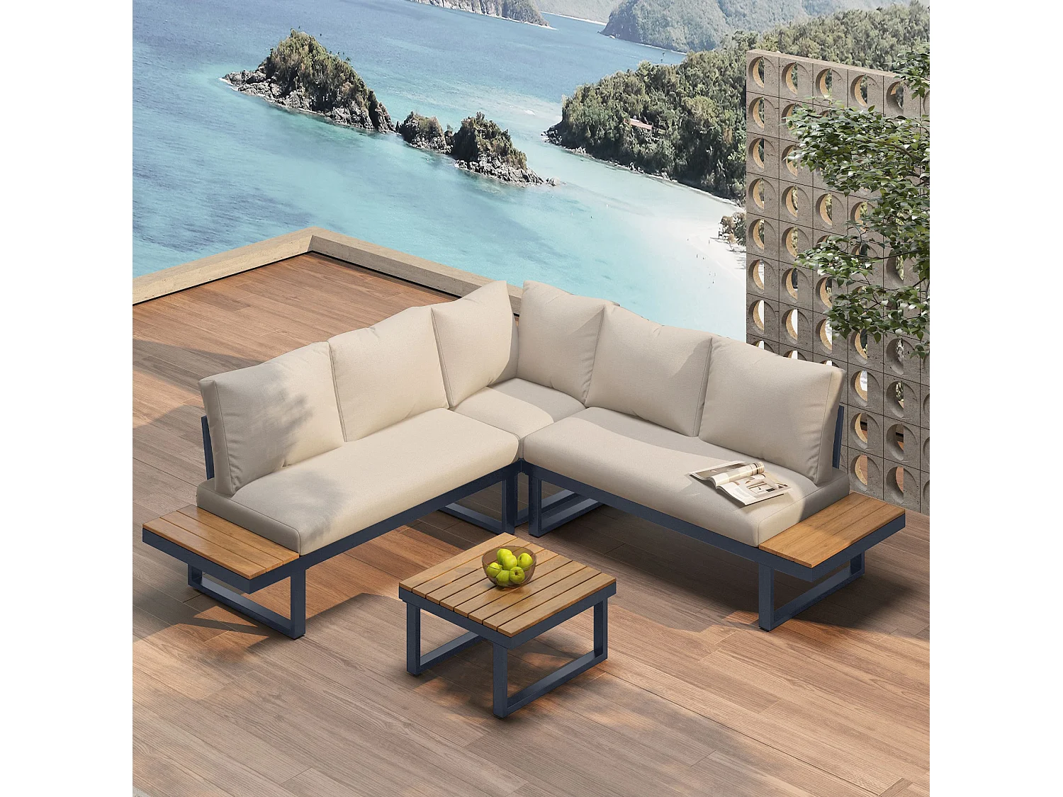 4-Seater Garden Lounge Set - Galvanized Steel - Corner Sofa - 1 Wood Grain Table - Beige
