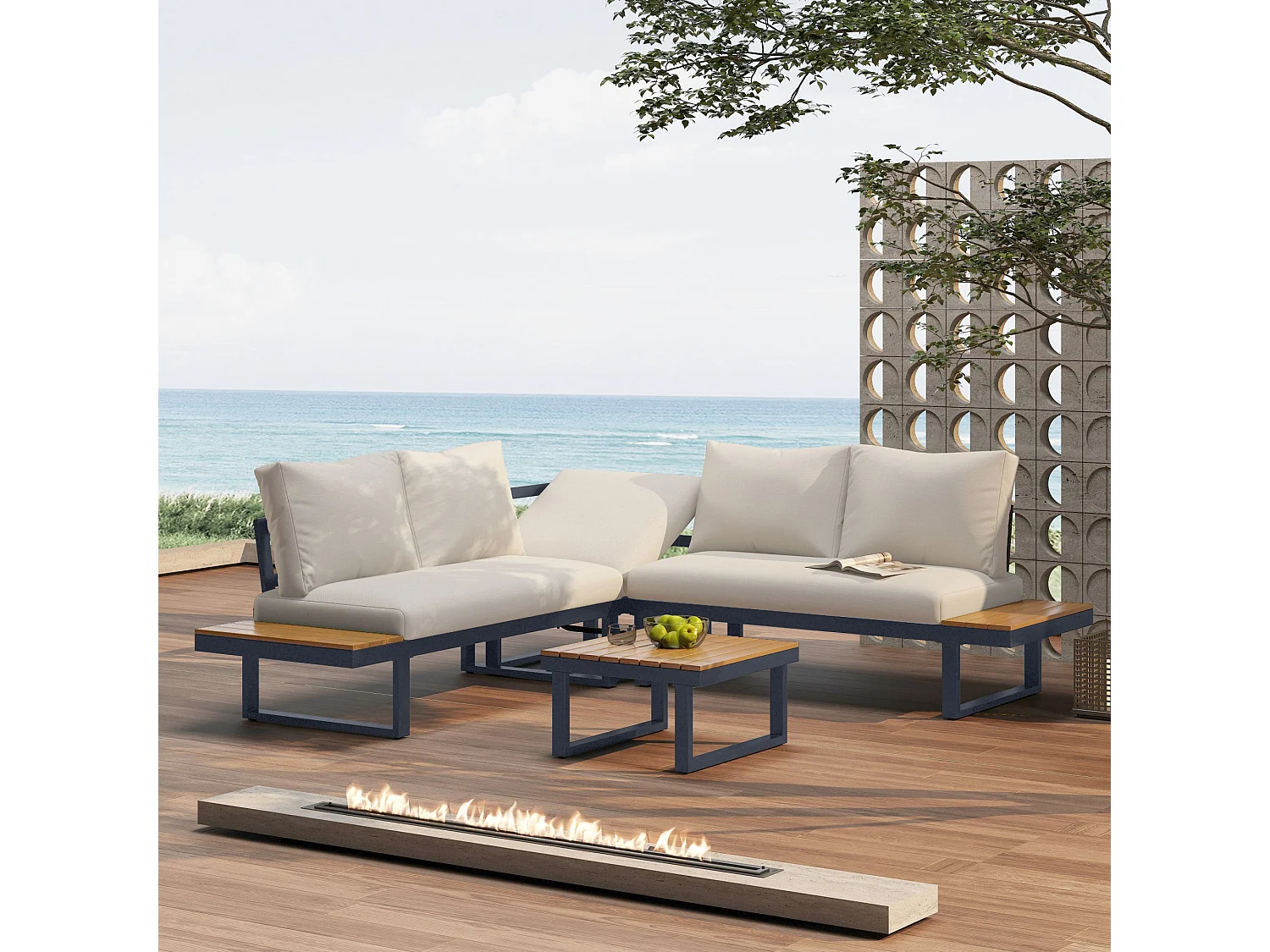4-Seater Garden Lounge Set - Galvanized Steel - Corner Sofa - 1 Wood Grain Table - Beige