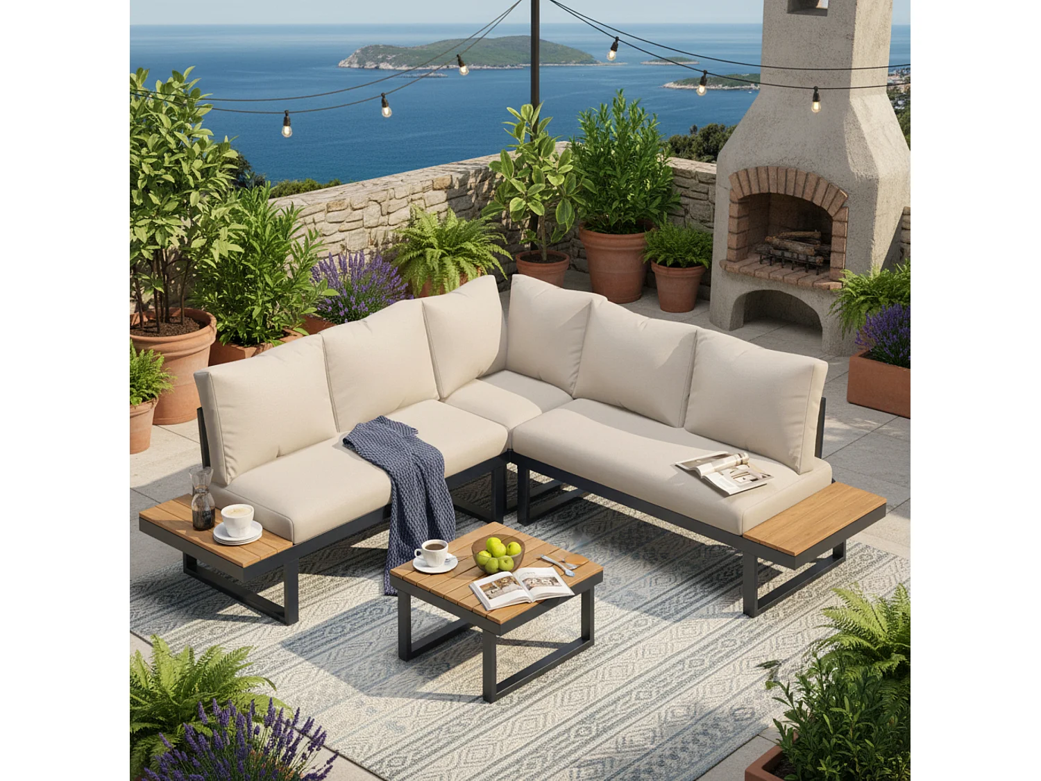 4-Seater Garden Lounge Set - Galvanized Steel - Corner Sofa - 1 Wood Grain Table - Beige
