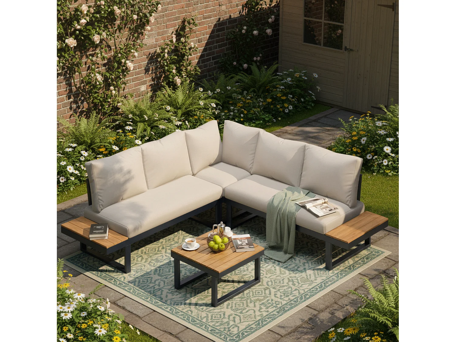 4-Seater Garden Lounge Set - Galvanized Steel - Corner Sofa - 1 Wood Grain Table - Beige