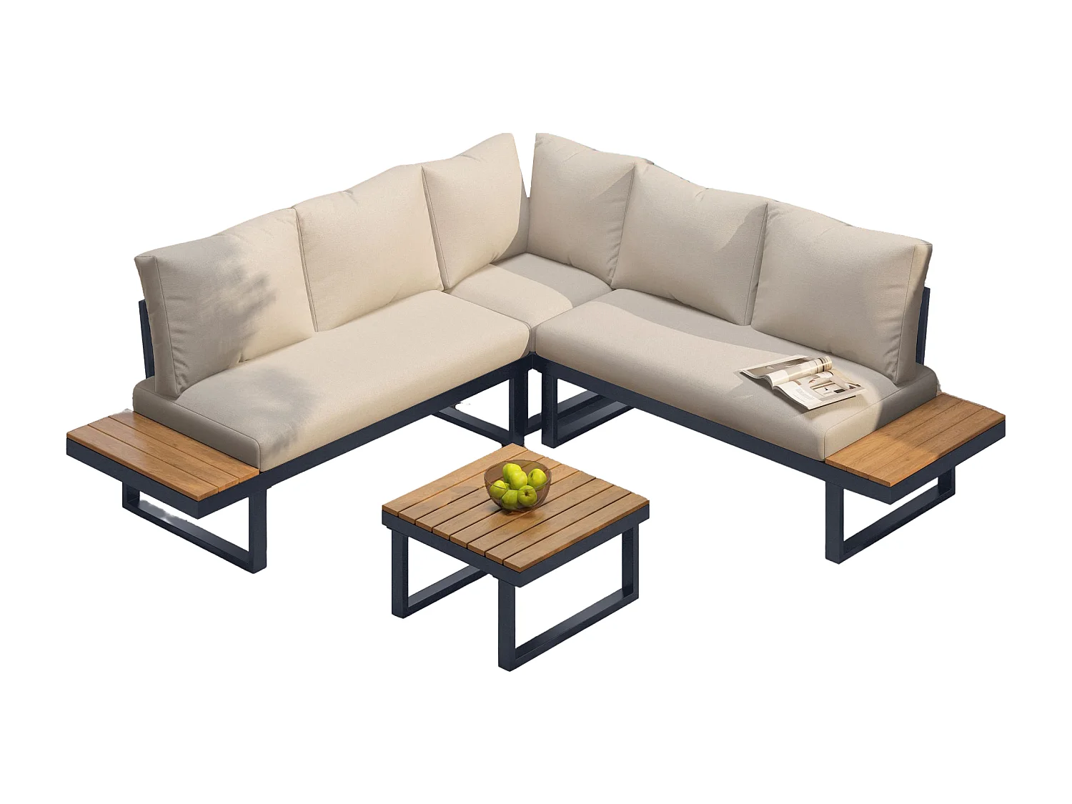 4-Seater Garden Lounge Set - Galvanized Steel - Corner Sofa - 1 Wood Grain Table - Beige