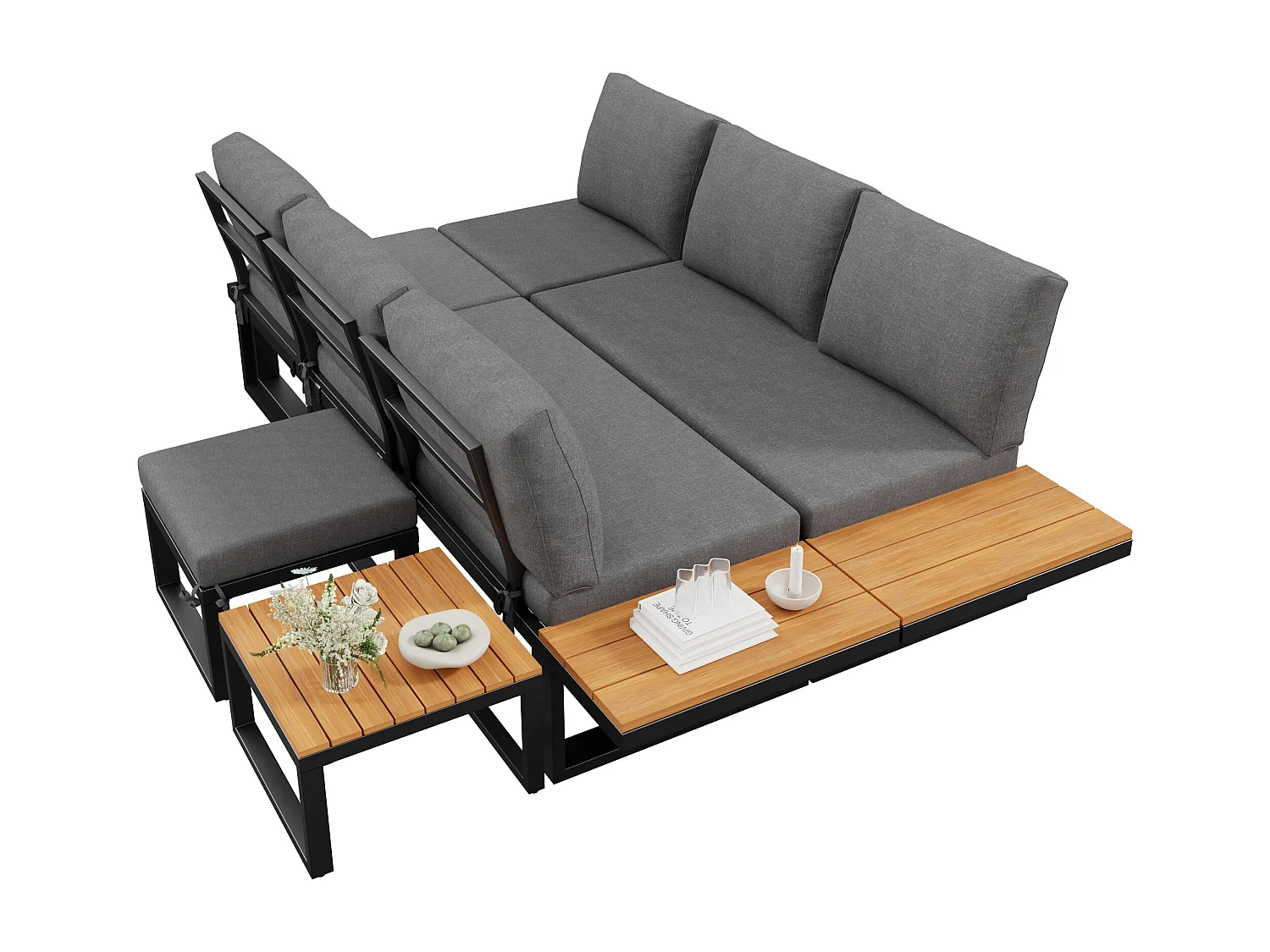 Modulært havemøbel sæt 6 dele - Hjørnesofa med justerbar ryg (5 positioner), 2 puffe og sofabord - Galvaniseret stål - Grå