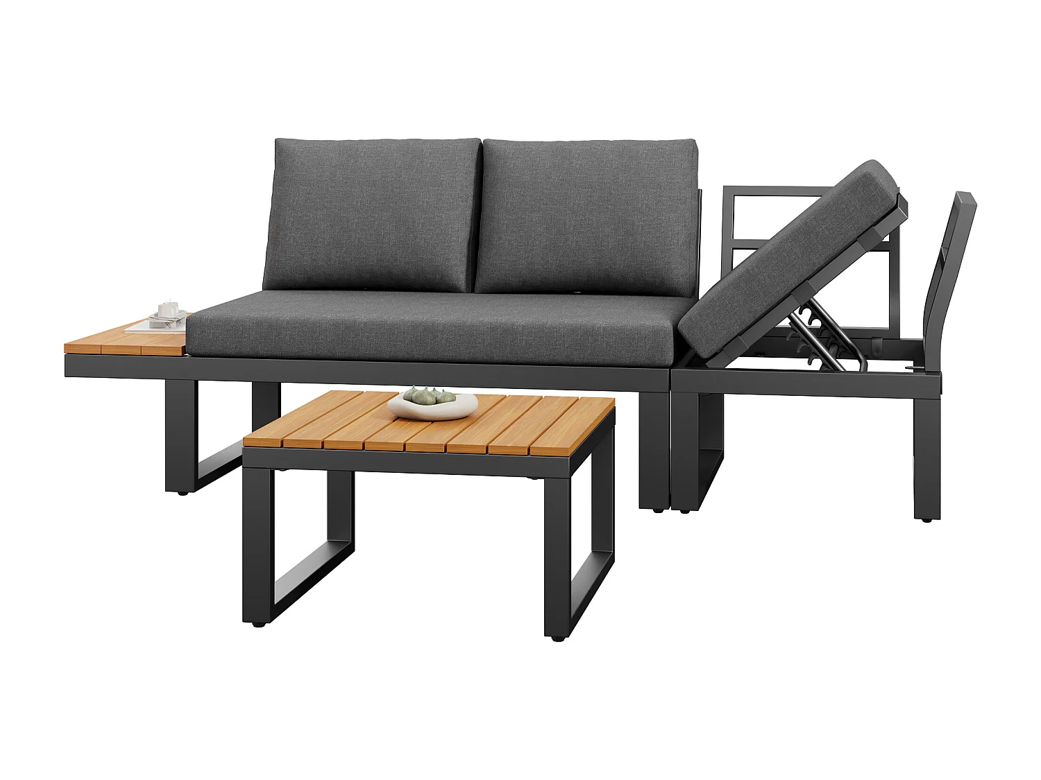 Modulært havemøbel sæt 6 dele - Hjørnesofa med justerbar ryg (5 positioner), 2 puffe og sofabord - Galvaniseret stål - Grå