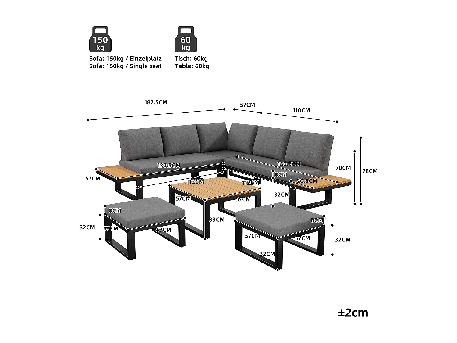 Modulært havemøbel sæt 6 dele - Hjørnesofa med justerbar ryg (5 positioner), 2 puffe og sofabord - Galvaniseret stål - Grå